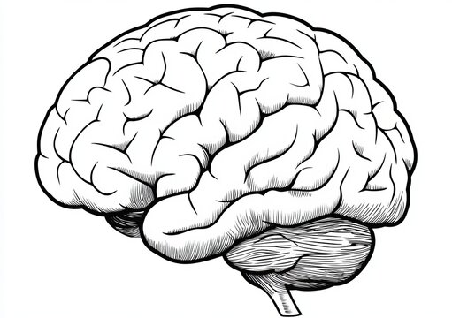 A vintage-style PNG illustration of the human brain is depicted in a schematic sketch engraving, imitating a scratch board in black and white with a hand-drawn design
