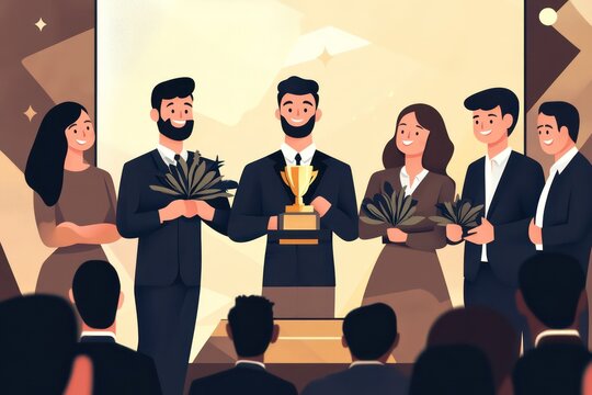 A team receiving a prestigious business award in front of an audience, beaming with pride for their hard work and accomplishments.