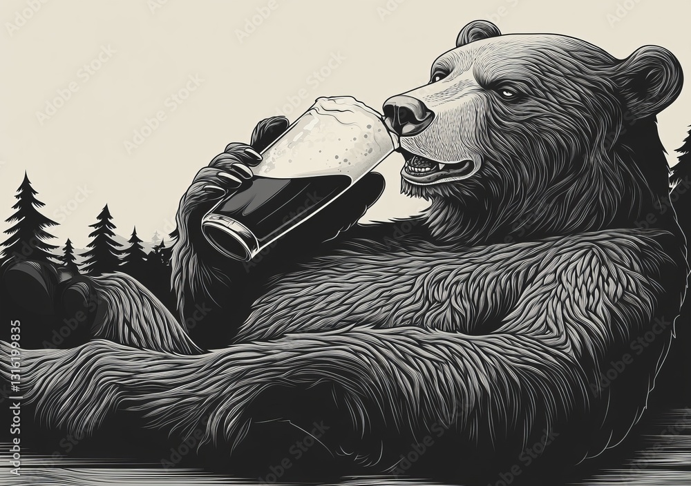 Poster a bear is depicted drinking beer from a mug in a humorous and whimsical scene with intricate artisti