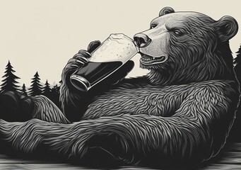 A bear is depicted drinking beer from a mug in a humorous and whimsical scene with intricate artistic details, created as a sketch engraving using generative AI, featuring a fictional character in a