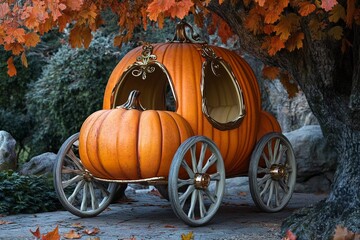 Magical pumpkin carriage illuminated by warm light in an enchanting forest at twilight