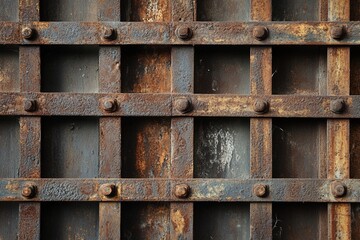 Close-up of a rusty metal grate with bolted grid pattern