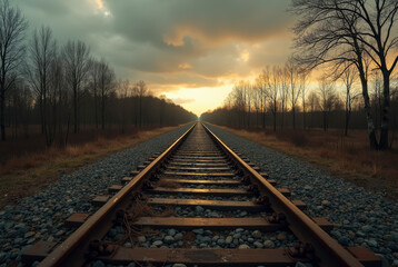 Fototapeta premium Dramatic sunset over railway tracks leading into distance
