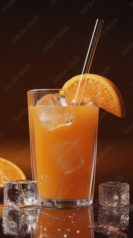 Poster refreshing beverage served in a clear glass with ice and orange slice on a wooden table under warm l
