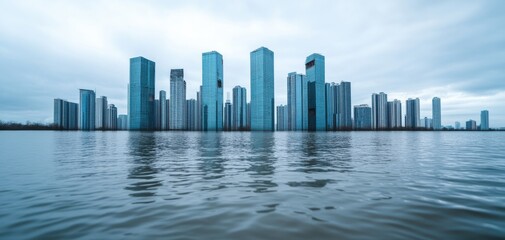 Fototapeta premium A modern skyline reflects on calm water under a cloudy sky, showcasing sleek architecture and urban development.