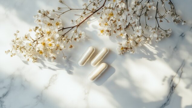 Three white capsules lie on a marble surface next to delicate white flowers in sunlight.