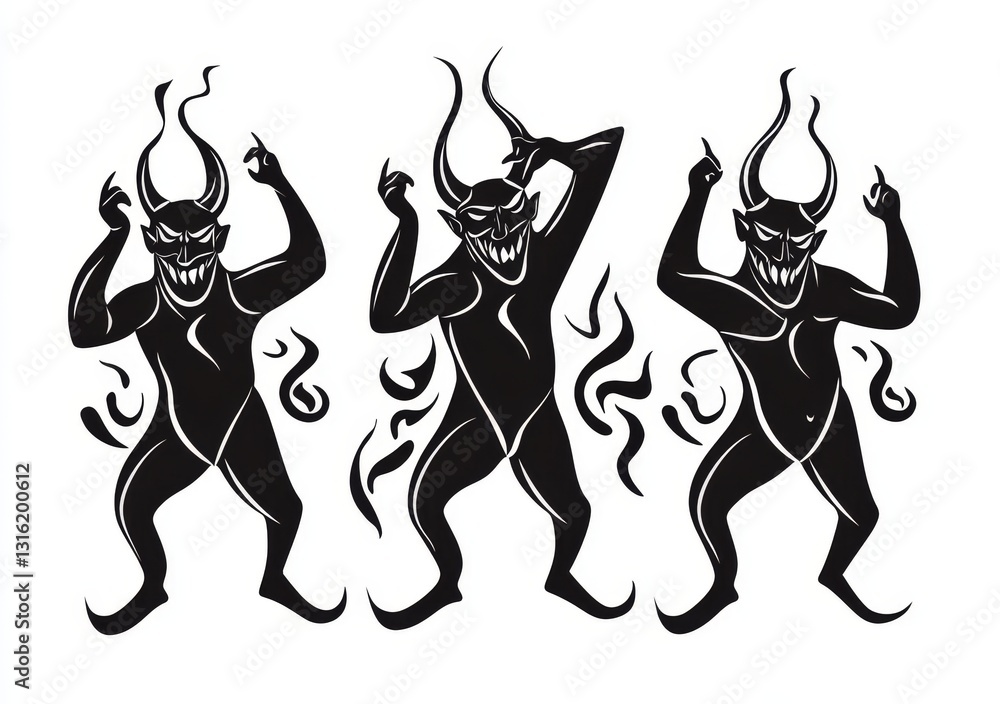 Poster a dancing devil with horns and a tail is depicted in a playful and mischievous character sketch engr