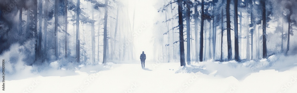Aufkleber solitary figure walking through a snow-covered forest in soft watercolor tones capturing tranquility