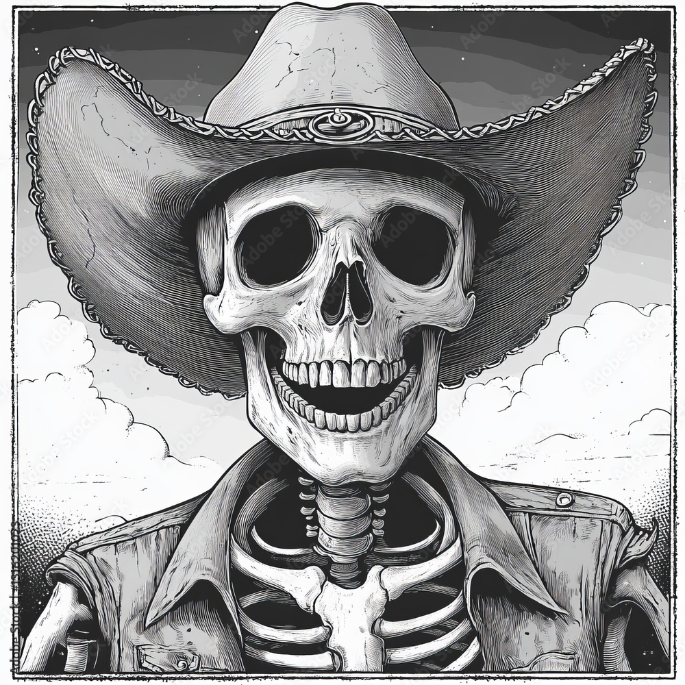 Poster a cowboy skeleton is depicted wearing a hat in a vintage western style sketch created using generati