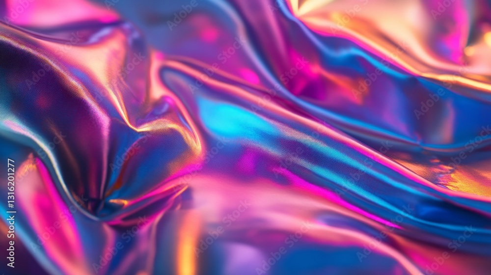 Poster lush waves of iridescent fabric cascade, capturing a spectrum of colors that shift from blue to pink