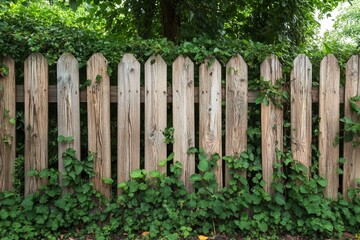 Wooden fence with green ivy in lush garden setting