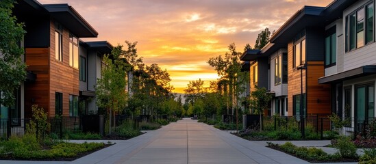 Obraz premium Sunset view of a residential street with modern homes and landscaping.