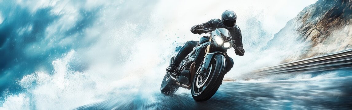 Dynamic motorcycle ride along a coastal road with splashing waves in the background during a sunny day