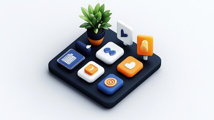 3D Render: Colorful App Icons and Plant on Modern Interface AI Generated