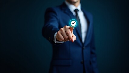 Success Verification: A business professional in a sharp suit confidently points towards an illuminated check mark, symbolizing approval, validation, and success.