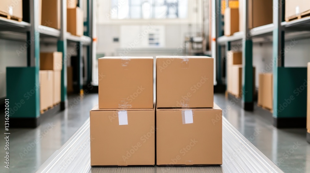 Poster a row of cardboard boxes stacked neatly on a warehouse floor, illuminated by natural light streaming