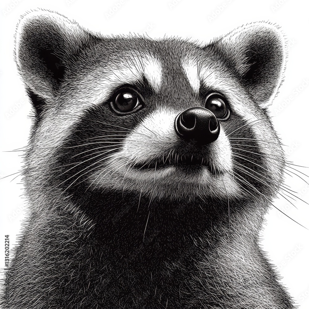 Poster a chubby raccoon with intricately detailed fur and a distinctive striped tail is depicted in a charm