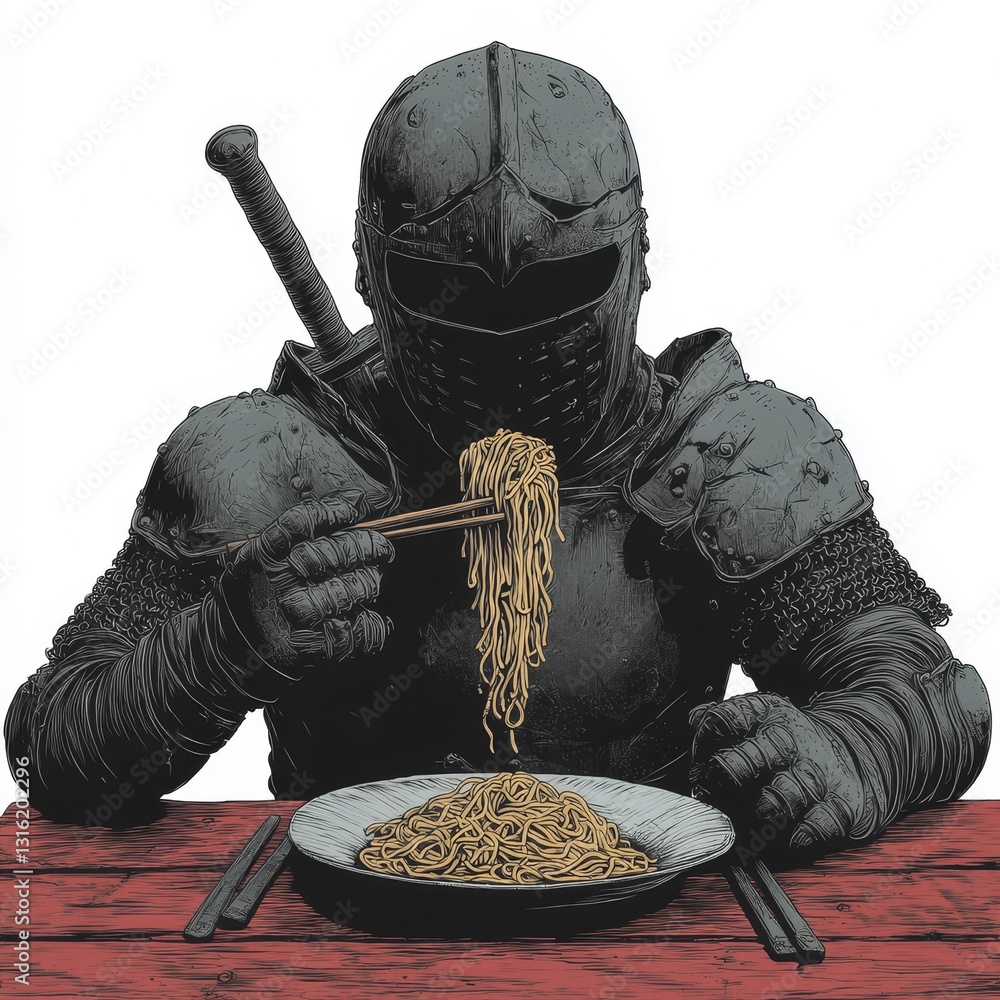 Poster a medieval knight clad in full armor is depicted savoring a bowl of spaghetti, blending historical a