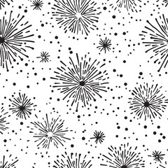 Seamless repeating pattern featuring hand-drawn dandelion seed heads with thin stems scattered across a plain white background surface for.