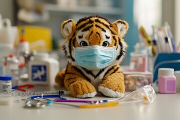 Stuffed tiger with mask on medical desk surrounded by supplies