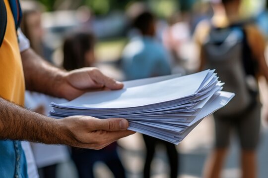 Young adult male distributing flyers outdoors in a crowd