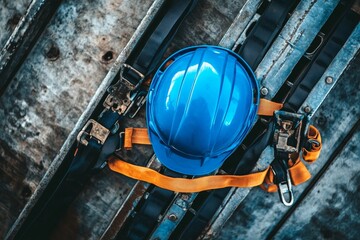 Blue safety helmet and harness on industrial metal surface