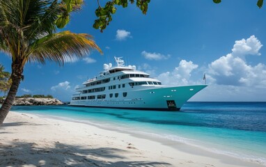 Obraz premium Luxurious white yacht anchored near a pristine beach with palm trees, clear turquoise water, and blue sky.