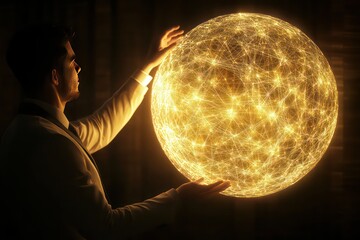 A conceptual 3D image of a businessman touching a glowing sphere representing global connectivity and data exchange networks.