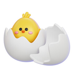 Cute baby chicken hatching from the egg isolated. 3D render illustration