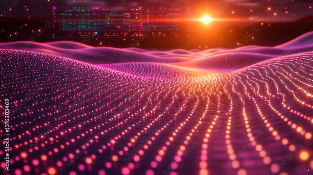 Poster abstract digital landscape with glowing particles and data overlay, perfect for tech, ai, and data v