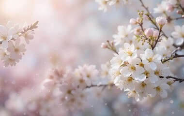Obraz premium A close-up of blooming white flowers against a blurred background of green trees and blue sky