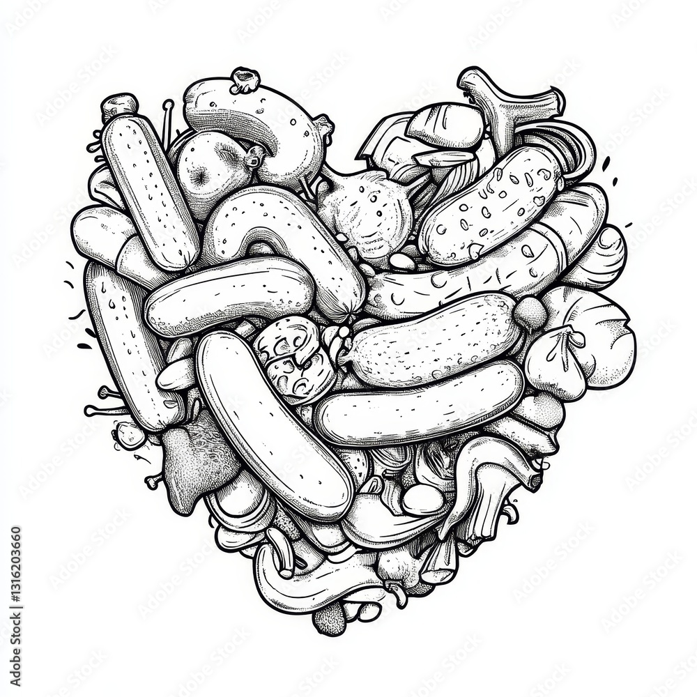 Poster a png illustration of sausages arranged in a heart shape, representing affection for food or meat, c