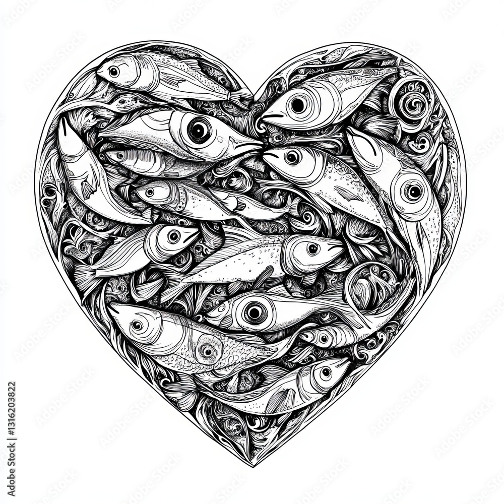 Poster a heart shape symbol composed of fish is depicted in a sketch engraving style, created using generat