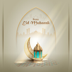 Islamic eid greeting card with unique golden blue lantern and crescent moon decoration