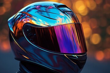 Fototapeta premium Futuristic reflective motorcycle helmet with colorful visor at sunset