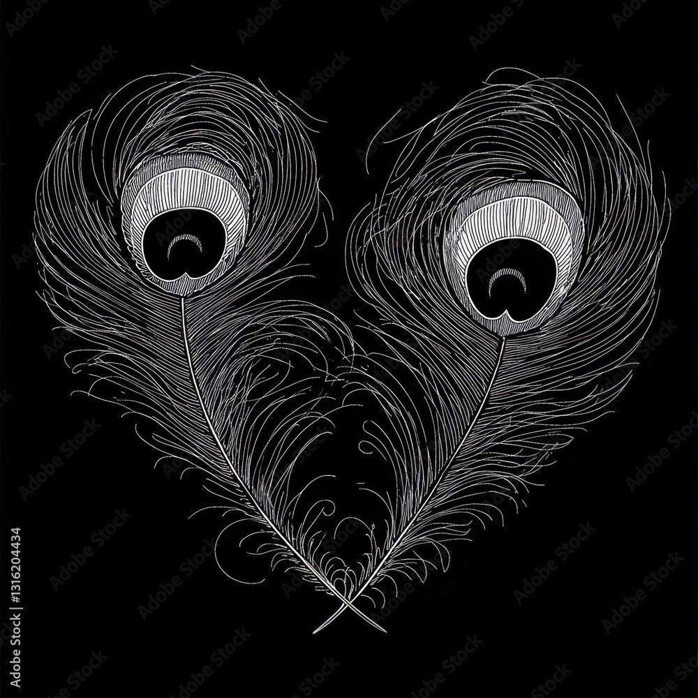 Poster a heart-shaped arrangement of peacock feathers is depicted in a detailed sketch engraving style, com