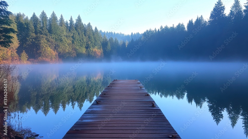 Aufkleber serene wooden dock extending into a misty lake surrounded by tall evergreen trees during early morni