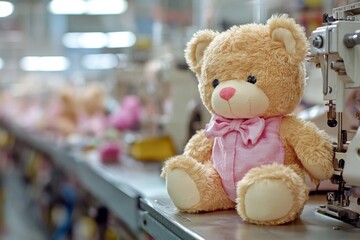 Adorable teddy bear on factory conveyor belt surrounded by sewing machines and soft toys