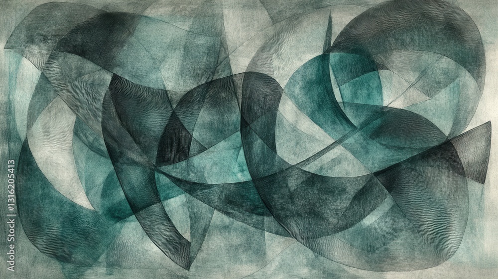 Poster Abstract composition of minimalist pencil strokes and washes in cool tones evokes fluid motion and depth across the canvas