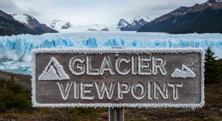 Glacier Viewpoint Sign with Frost, Ice Field in Background