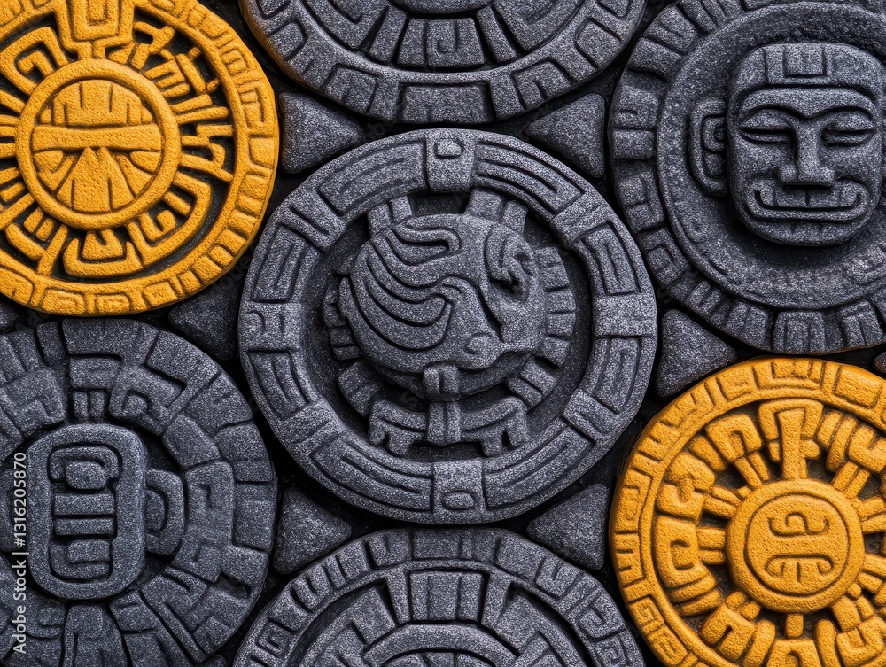 Poster colorful ancient stone carvings arranged in a circular pattern on a surface