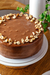 cake in chocolate glaze with peanuts on a stand