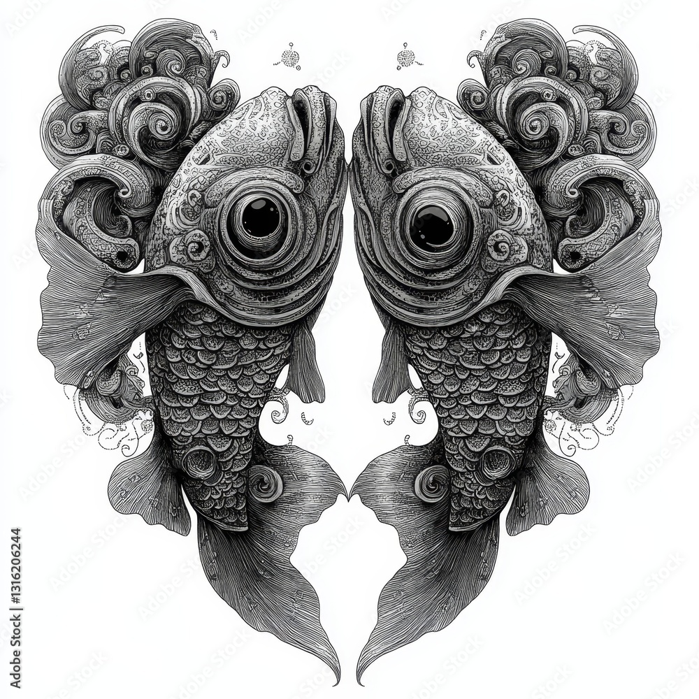 Aufkleber a heart shape symbol created from a fish sketch engraving is depicted in a generative ai raster illu