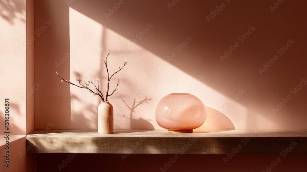 Fototapete minimalist arrangement of amber and pink forms creating a harmonious display in soft natural light