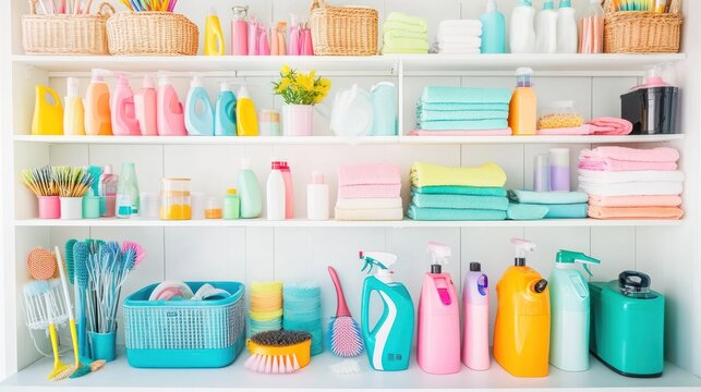 Colorful Cleaning Supplies on White Shelves