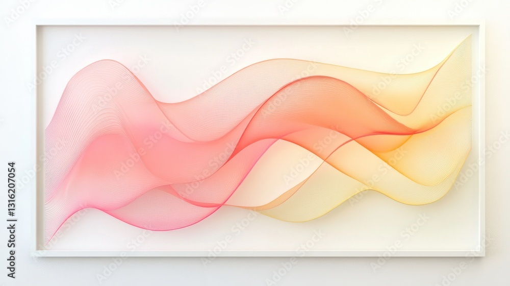 Poster Minimalist abstract design featuring continuous wavy lines in soft pink and yellow hues on a white background