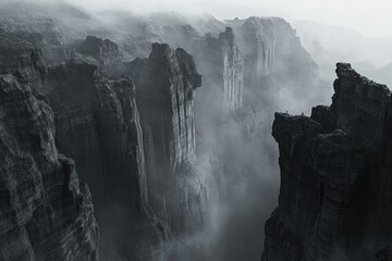 Misty mountain range with ancient stone ruins, evocative of a lost civilization.