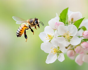 A bee collects nectar from cherry blossom flowers	