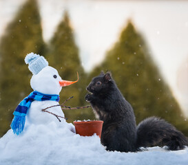 Black squirrel eating seeds from tiny snowman on a snowy winter day.