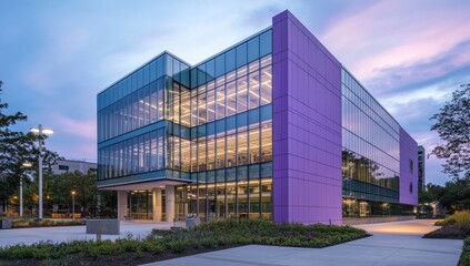 Modern glass and purple office building at dusk.